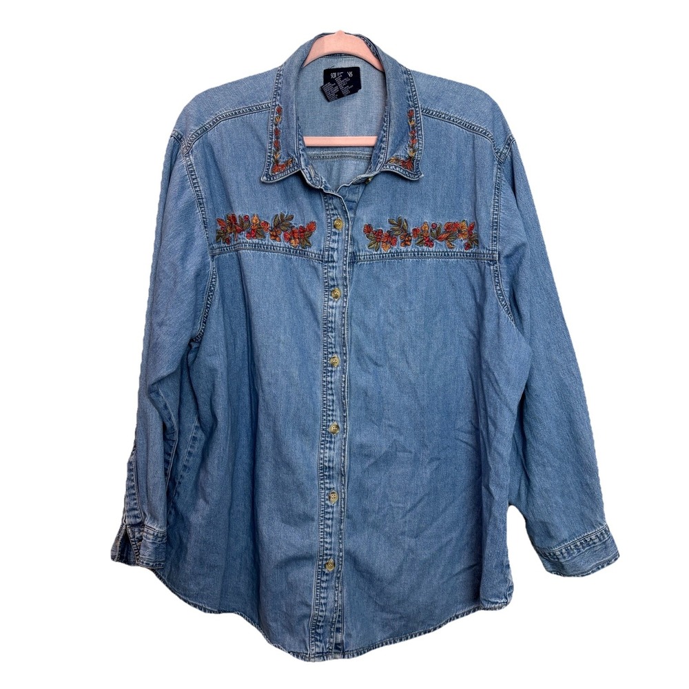 Vintage Solutions Original Denim Shirt Embroidered Fall Scenery Size 22/24 90s‎